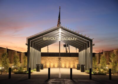 The Bayou Academy pavilion is lit up beautifully at night, with electrical work done by Robinson Electric.