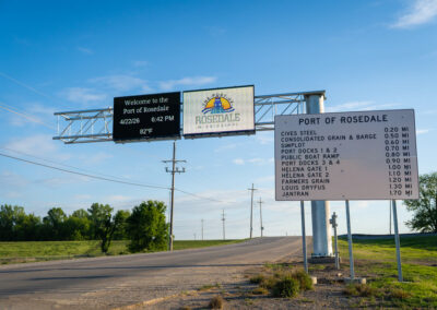 Digital signs display information on large steel frames in the Port of Rosedale