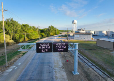 Digital signs display information on large steel frames in the Port of Rosedale