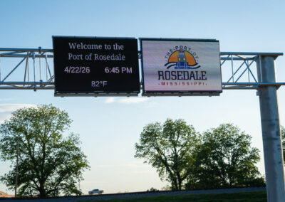 Digital signs display information on large steel frames in the Port of Rosedale